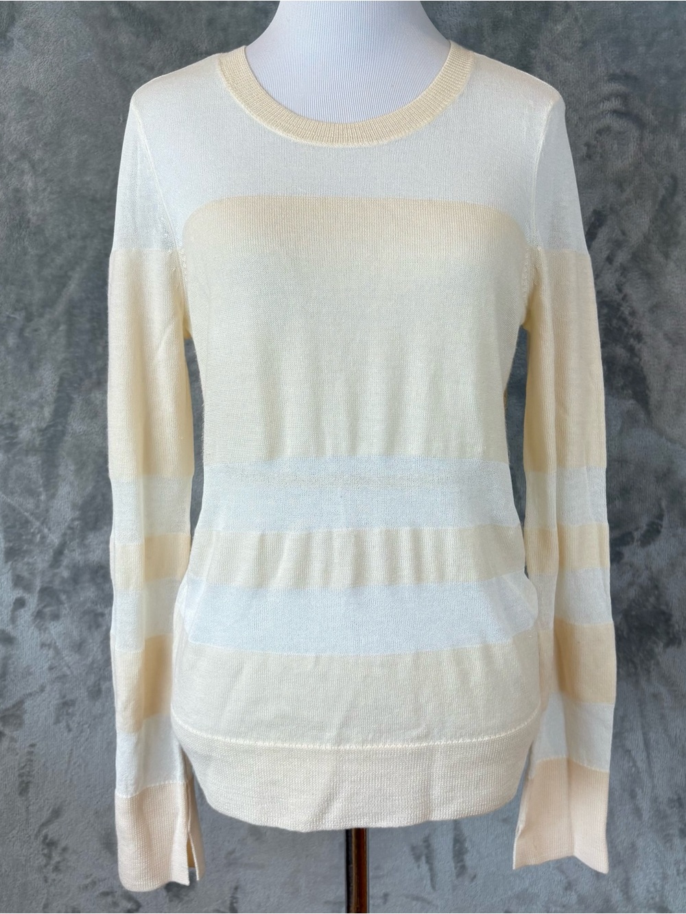 Rag & bone Vivi Cream Ivory Merino Wool Sheer Striped Crewneck Sweater Wmn’s S